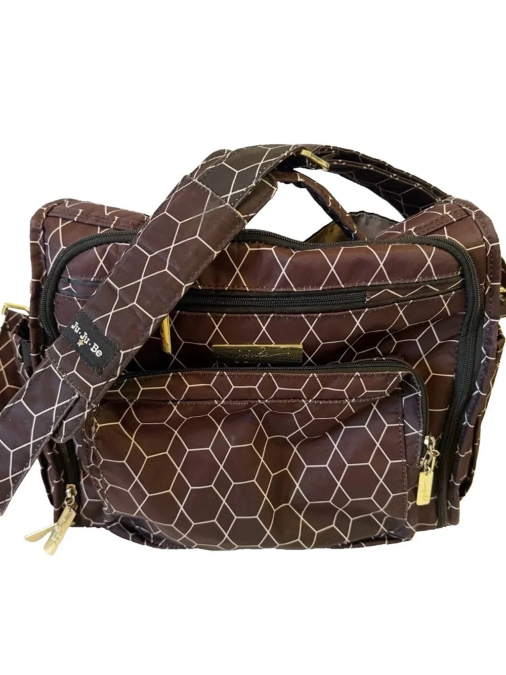 JuJuBe BFF Baby Diaper Bag Brown Geometric Design Tote Changing Mat Travel